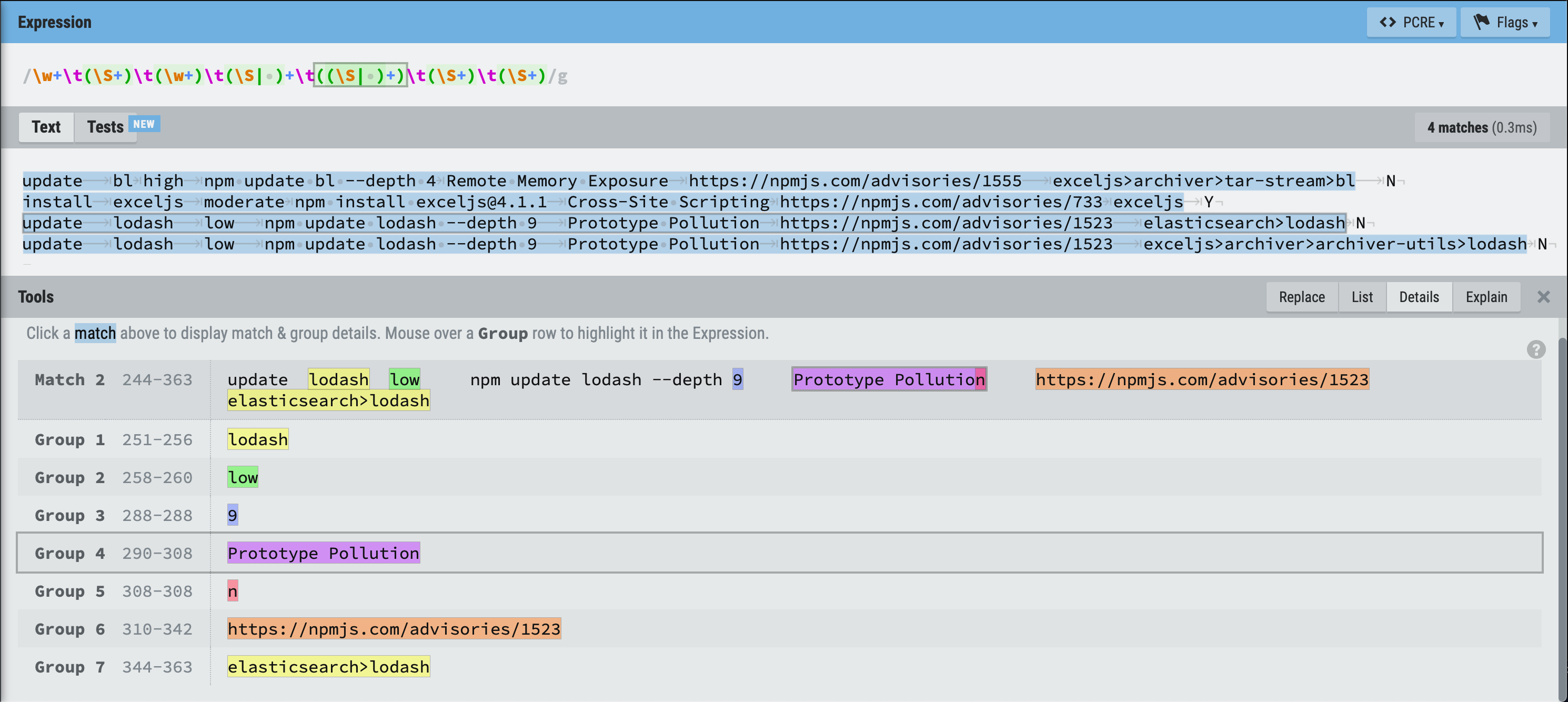 Testing npm audit regex at regexr