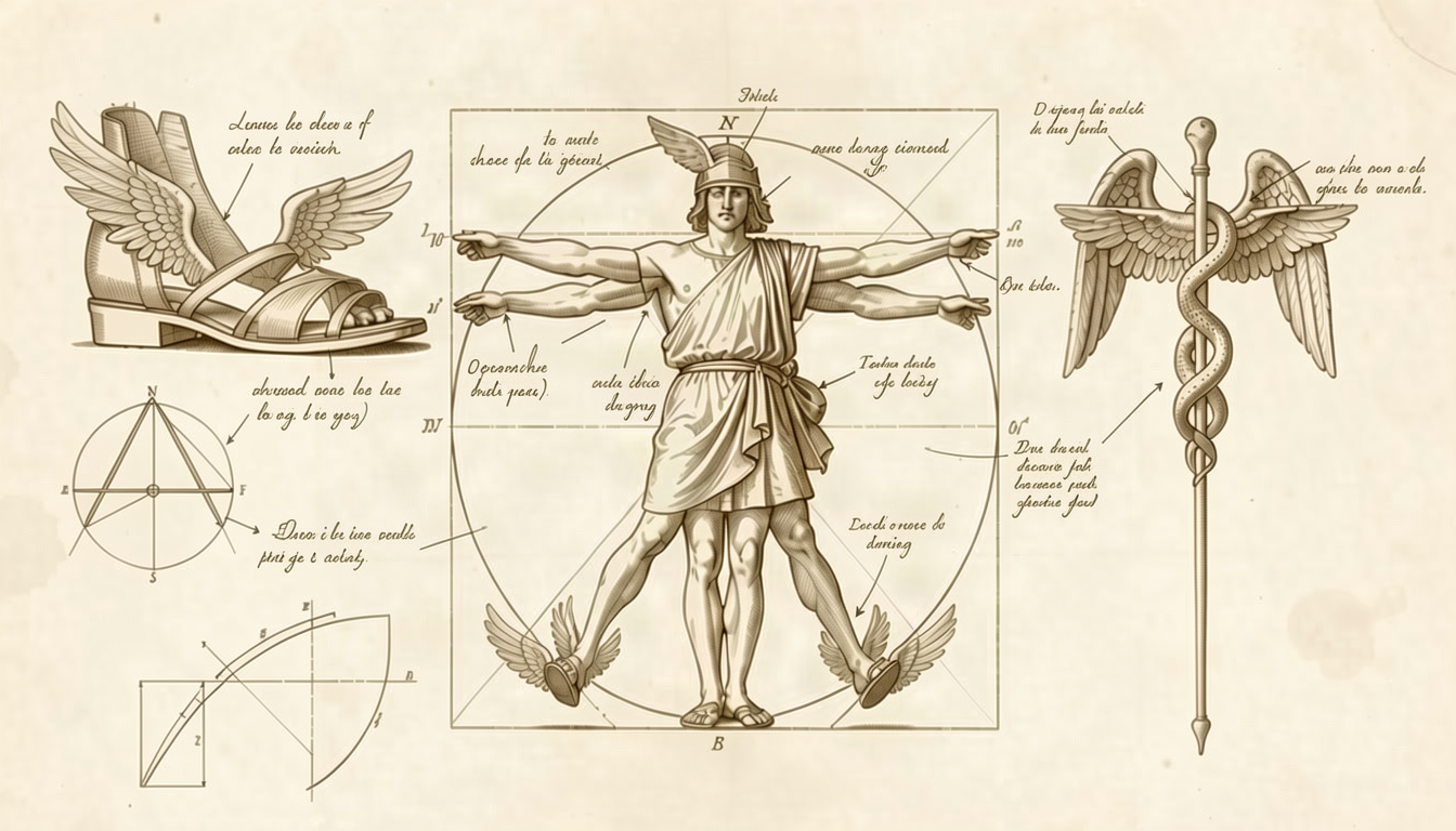 Hermes depicted as a Renaissance proportional study on parchment, with winged sandals, a caduceus, geometric diagrams and handwritten notes.