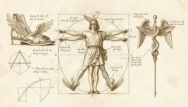 Hermes depicted as a Renaissance proportional study on parchment, with winged sandals, a caduceus, geometric diagrams and handwritten notes.